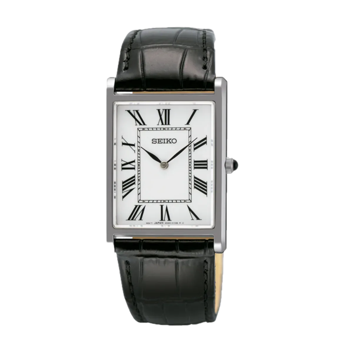 Vue de face d'une montre rectangulaire avec bracelet en cuir noir, centrée sur fond blanc.
