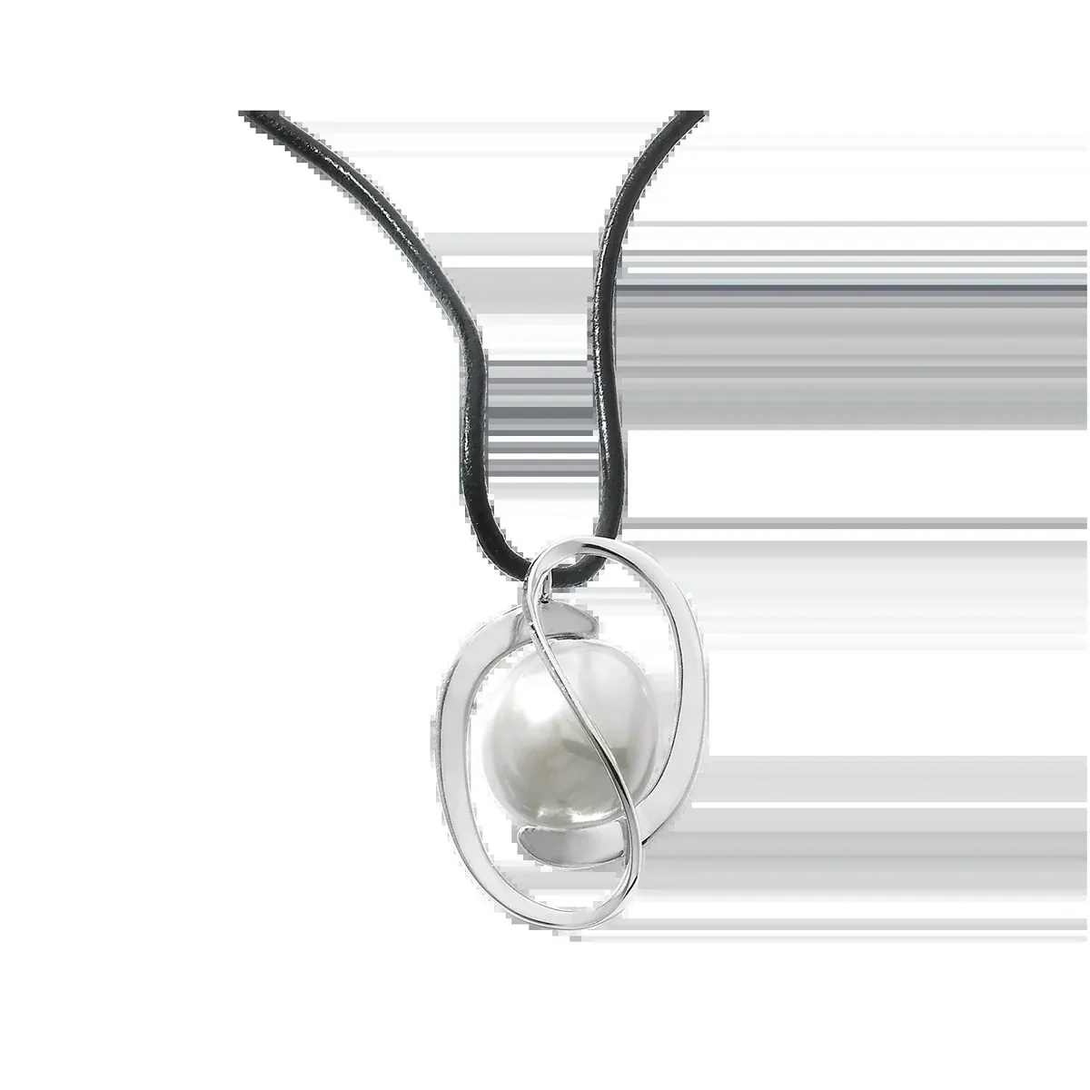 Pendentif perle ovale avec cordon noir, vue de face sur fond blanc.