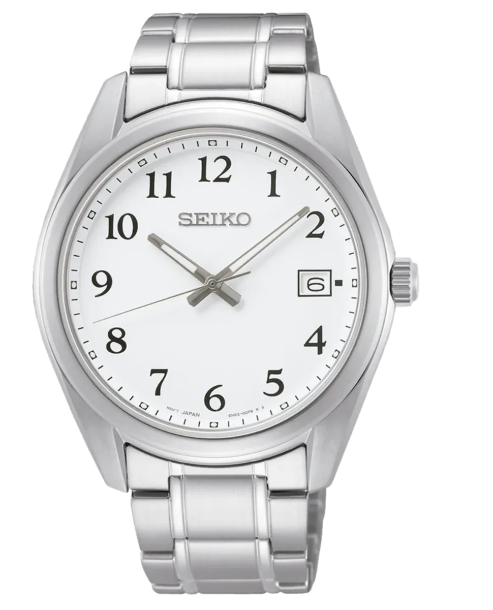 Vista frontal completa del reloj con brazalete de acero y esfera blanca sobre fondo blanco.