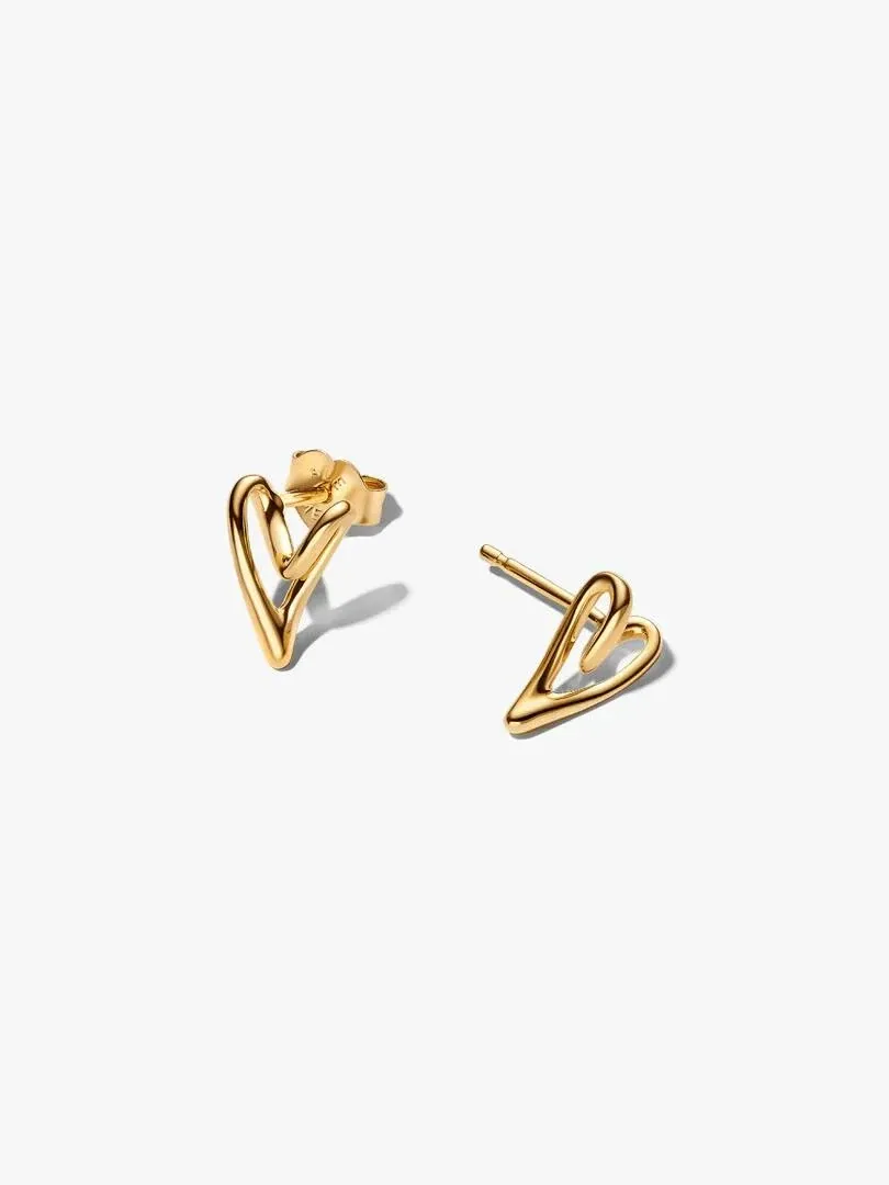 Pair of gold-tone organic heart stud earrings, front view on a white background.