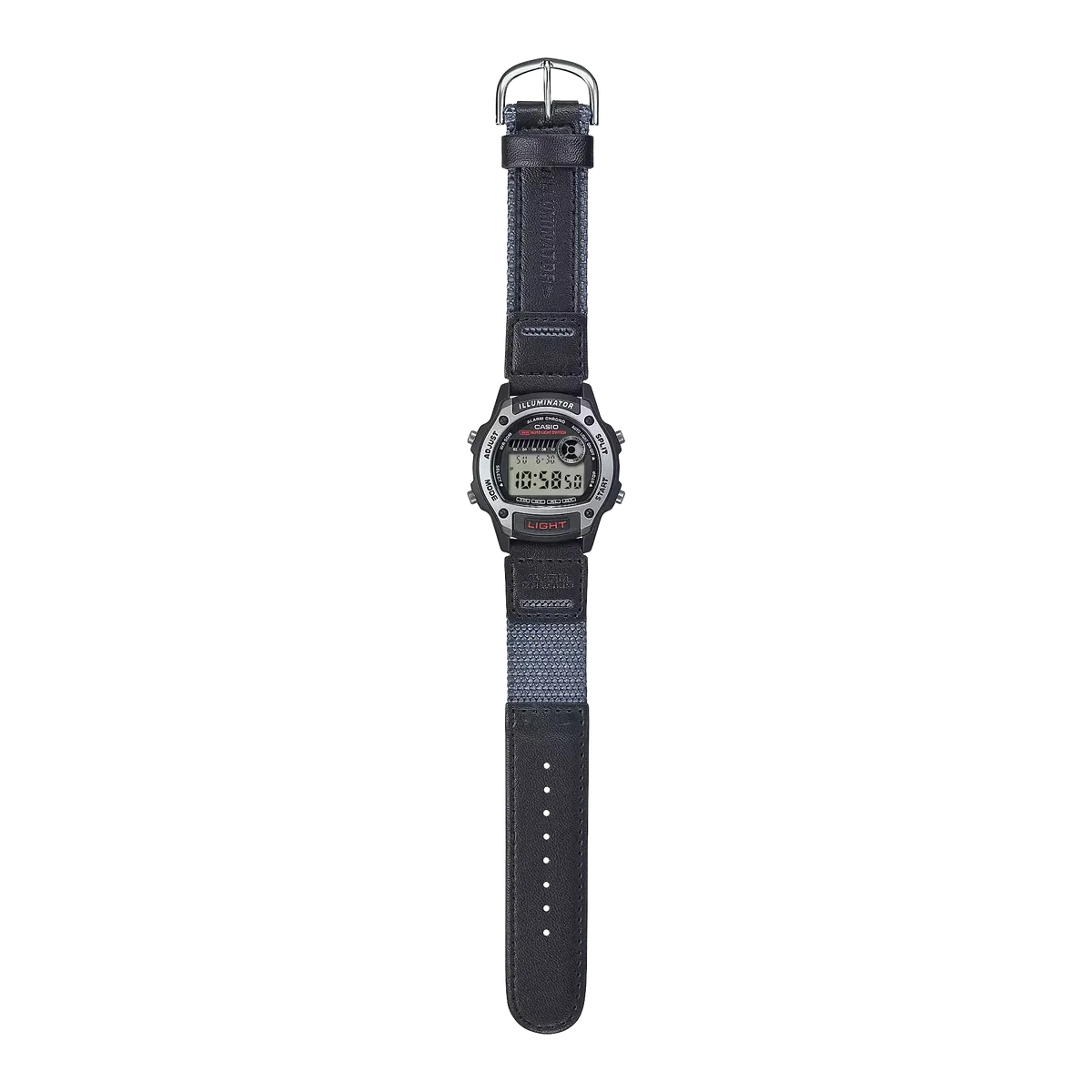 Vista frontal completa del reloj extendido, mostrando la correa y la hebilla sobre fondo blanco.