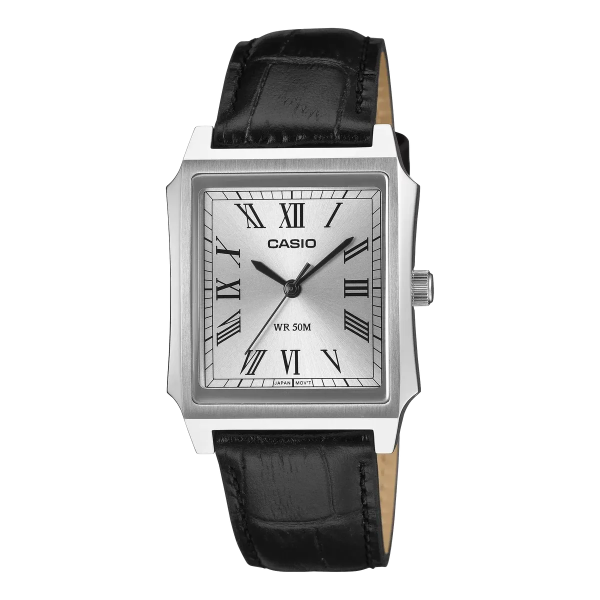 Vista frontal de reloj cuadrado con esfera blanca y correa de piel negra sobre fondo blanco.