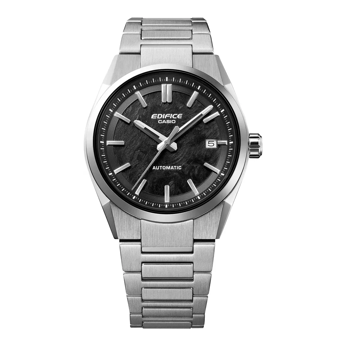 Vista frontal completa del reloj con brazalete de acero inoxidable sobre fondo blanco.