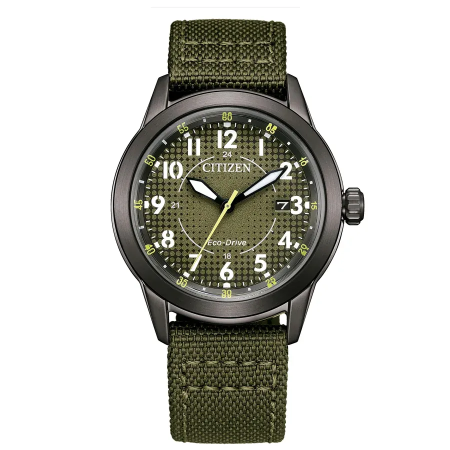 Vista frontal completa del reloj con correa de nylon verde sobre fondo blanco