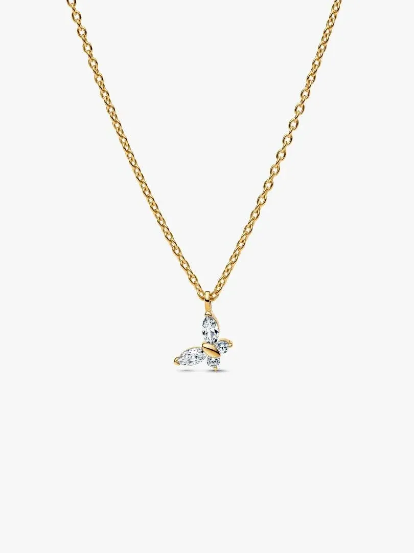 Gold butterfly pendant necklace with cubic zirconia, front view on white background.