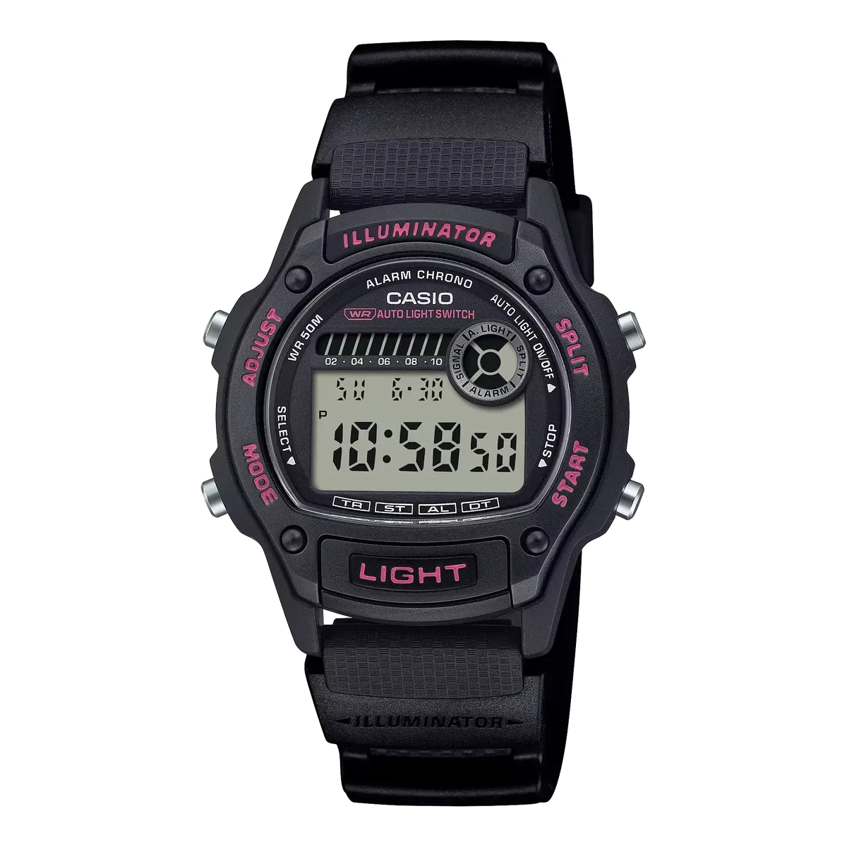 Vista frontal completa de reloj digital negro con detalles en rosa, centrado sobre fondo blanco.