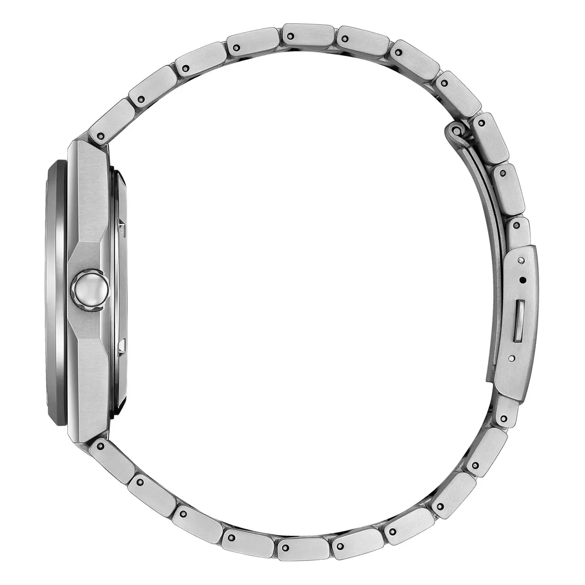 Seitenprofil der Uhr auf weißem Hintergrund, mit Fokus auf die Krone und die Wölbung des Metallarmbands.