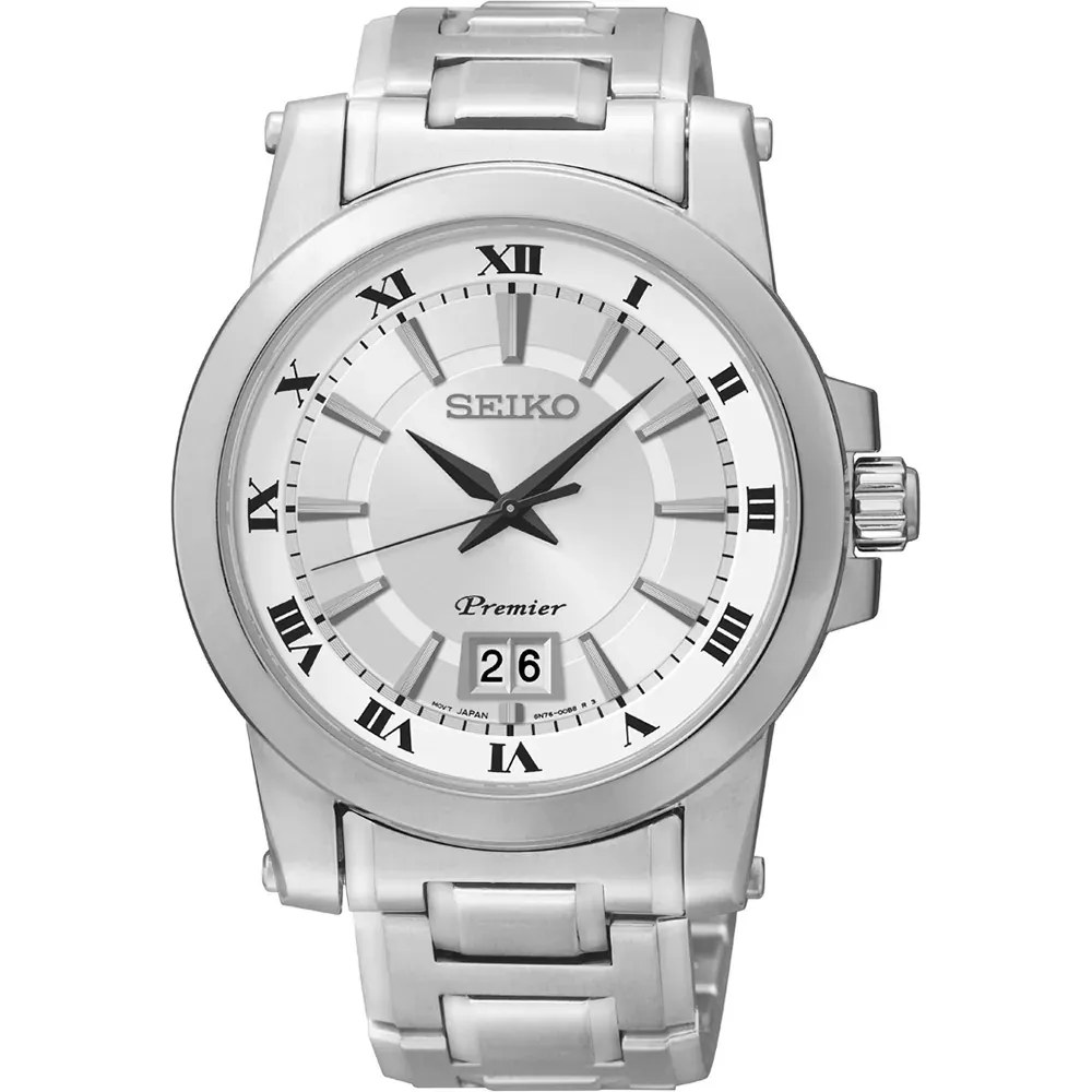Vista frontal completa del reloj con esfera blanca y brazalete plateado sobre fondo blanco