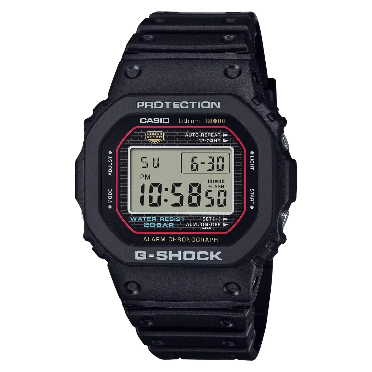 Vista frontal completa del reloj G-Shock negro sobre fondo blanco, centrado y en plano medio.