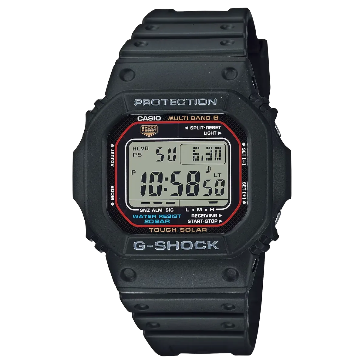 Vista frontal completa del reloj digital con correa de resina negra sobre fondo blanco.
