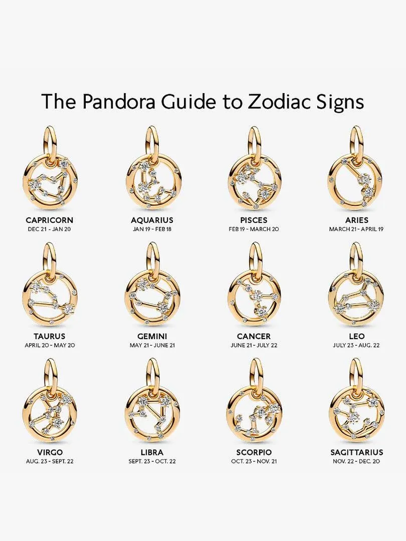 Grid of 12 gold zodiac charms on a white background with sign names and date ranges.