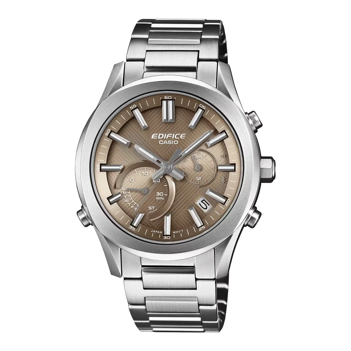Vista frontal centrada del reloj con esfera marrón texturizada y brazalete de acero, fondo blanco.