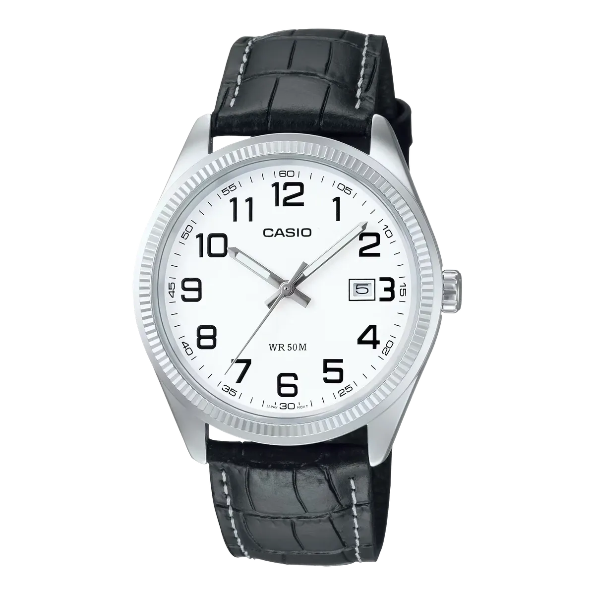 Vista frontal completa del reloj sobre fondo blanco, con esfera blanca y correa de piel negra.