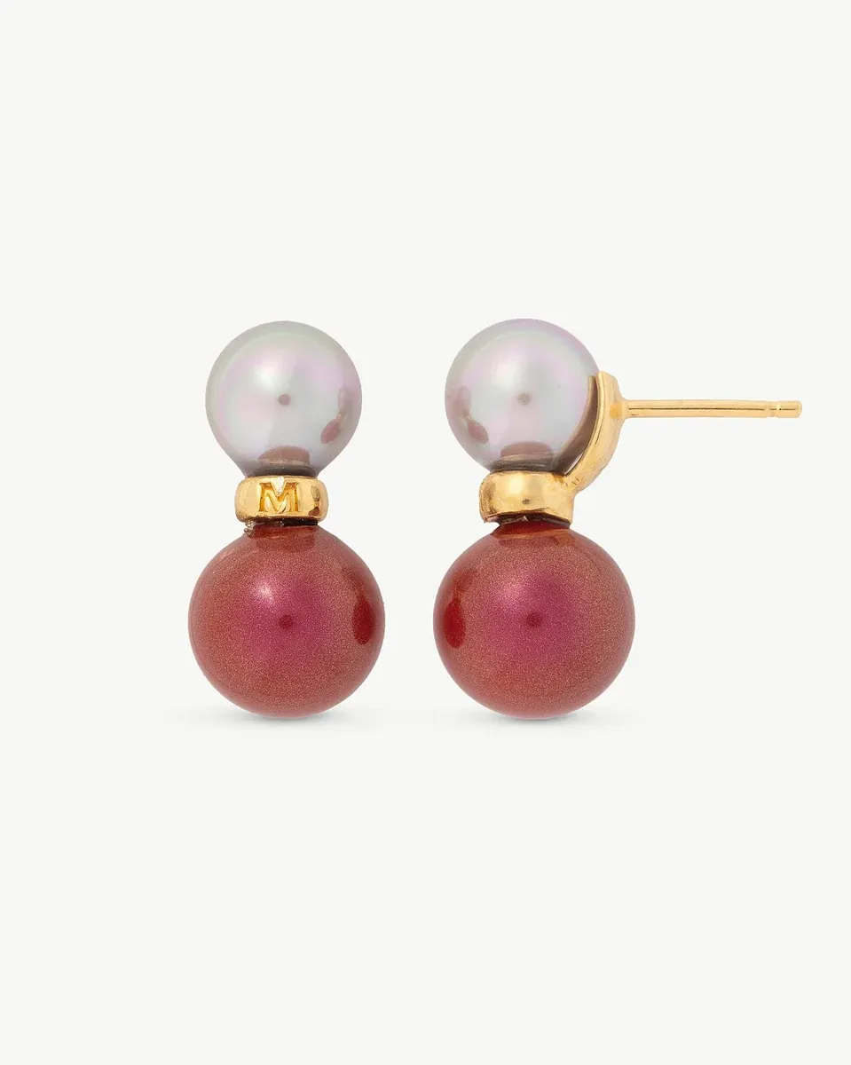 Front view of red and white pearl earrings on a white background, showing the post closure detail.