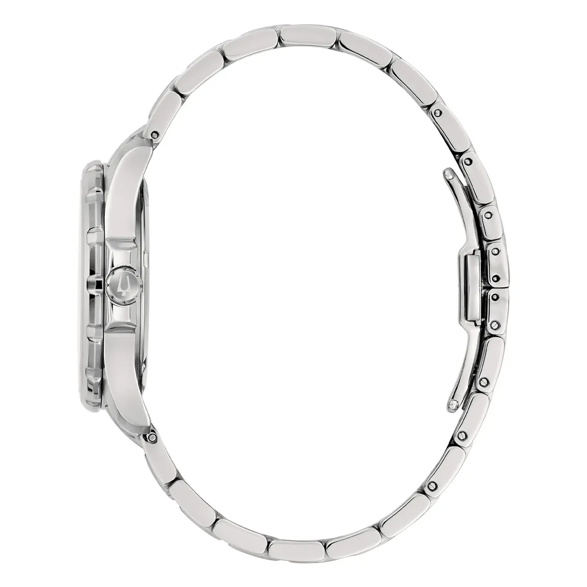 Vista de perfil del reloj, brazalete de acero dispuesto en círculo, fondo blanco.