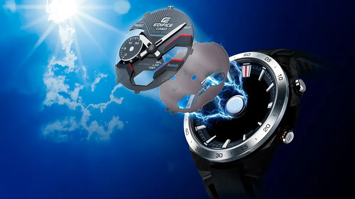 Vista explosionada de las capas del reloj con efectos de rayos azules, sobre fondo de cielo azul y sol brillante.