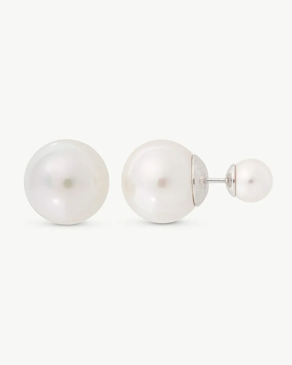 Front view of double pearl earrings on a white background, showing the vertical arrangement of the pearls.