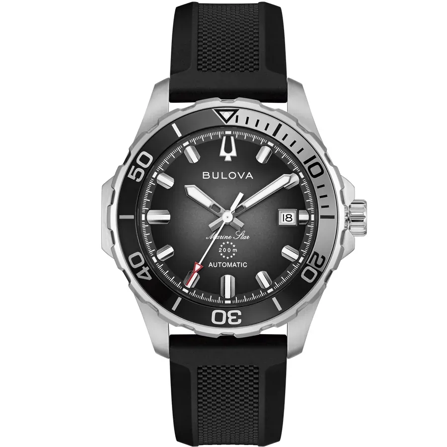 Full front view of the watch on a white background, centered framing with a black rubber strap.