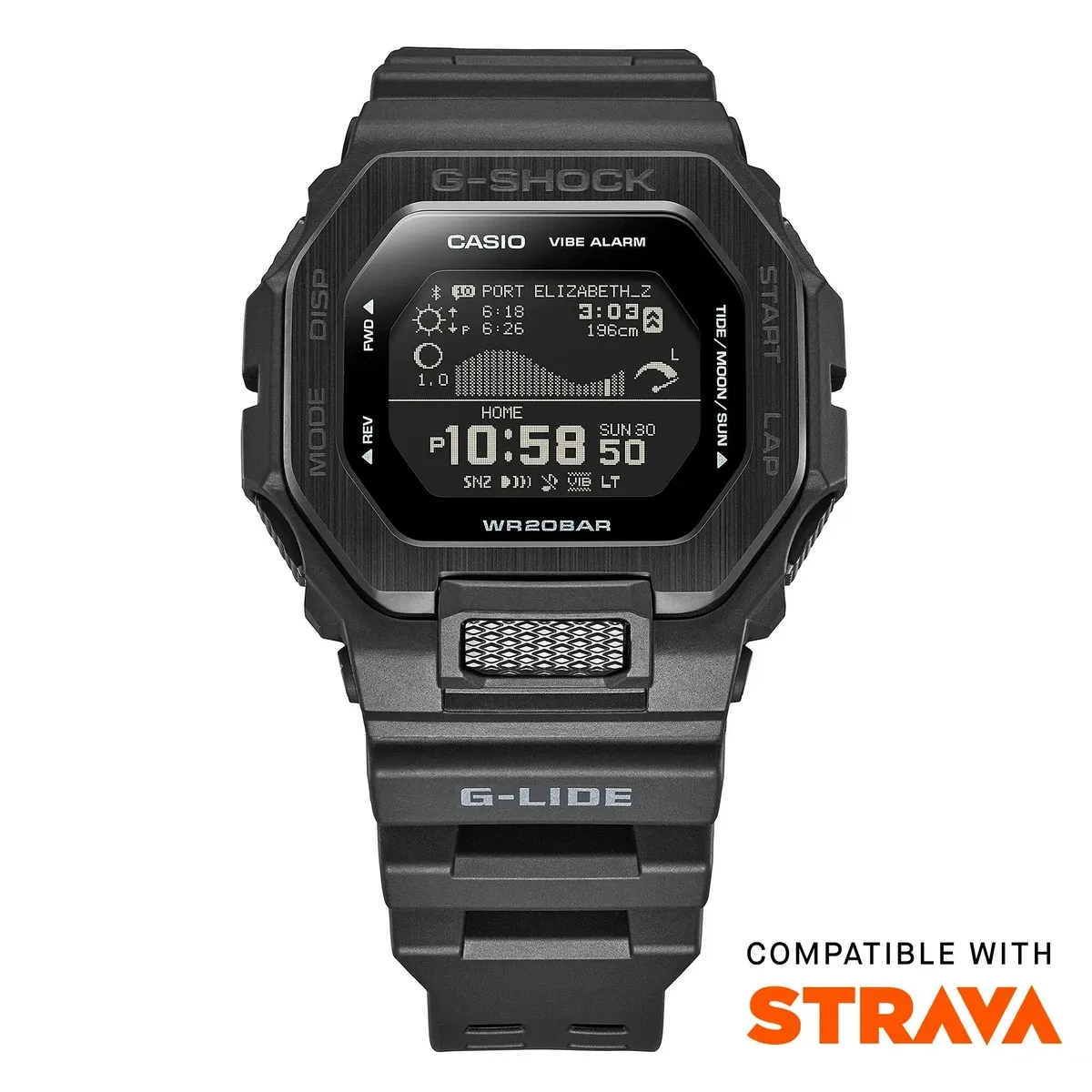 Vista frontal del reloj sobre fondo blanco con logotipo de compatibilidad con Strava en la esquina inferior derecha.