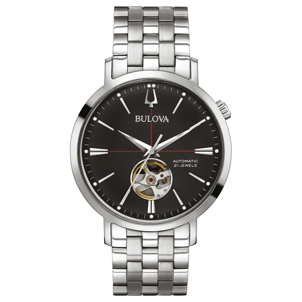 Vista frontal del reloj sobre fondo blanco, destacando la esfera negra y la apertura del movimiento mecánico.