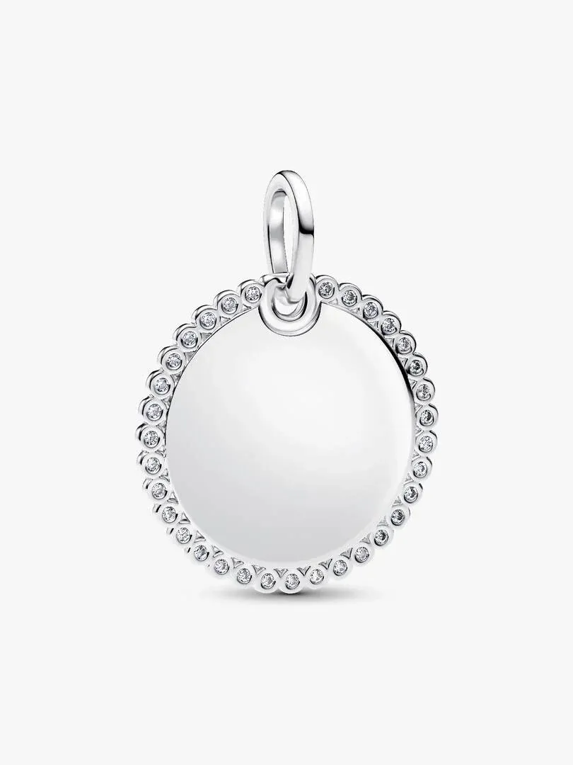 Front view of round pendant with cubic zirconia halo on a white background.