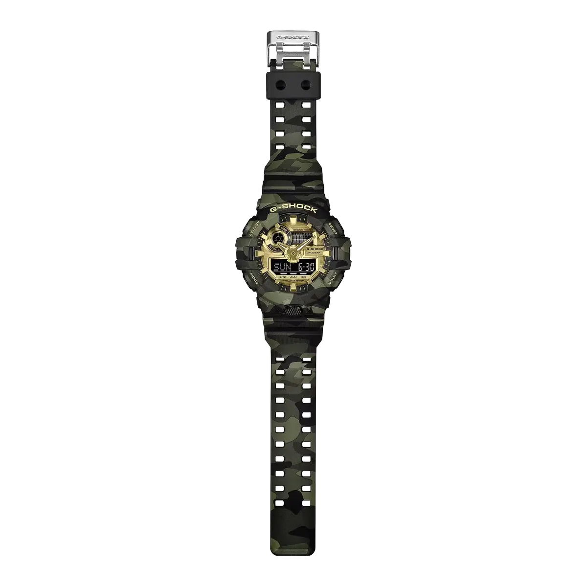 Vista frontal completa del reloj extendido sobre fondo blanco.