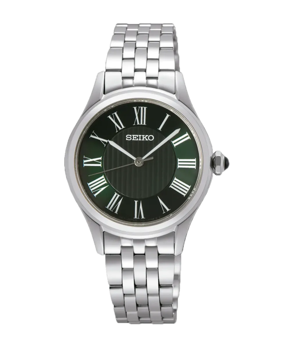 Vue frontale complète de la montre avec cadran vert et bracelet en acier, sur fond blanc.
