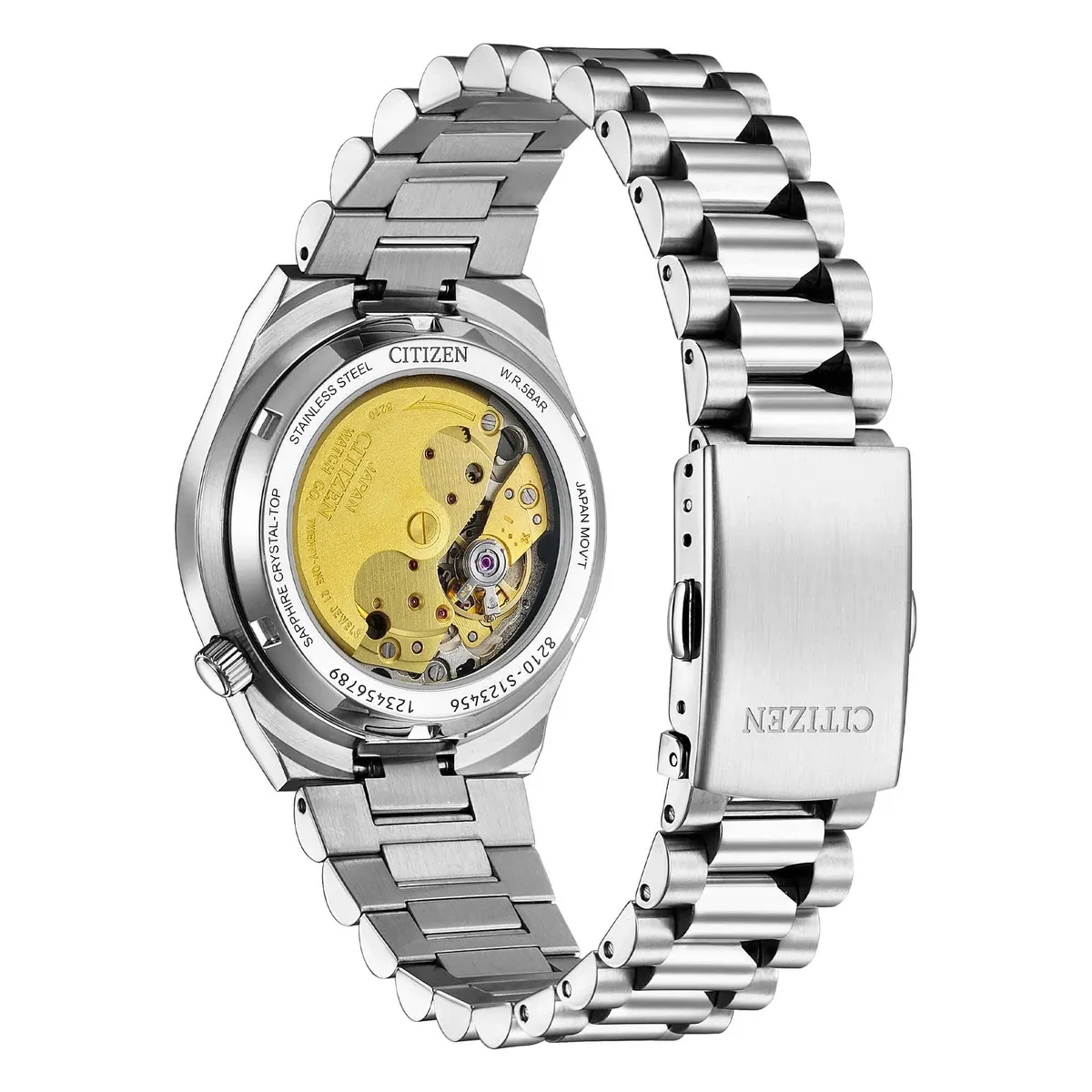 Vista posterior del reloj sobre fondo blanco, destacando el fondo visto con el mecanismo automático y el brazalete.