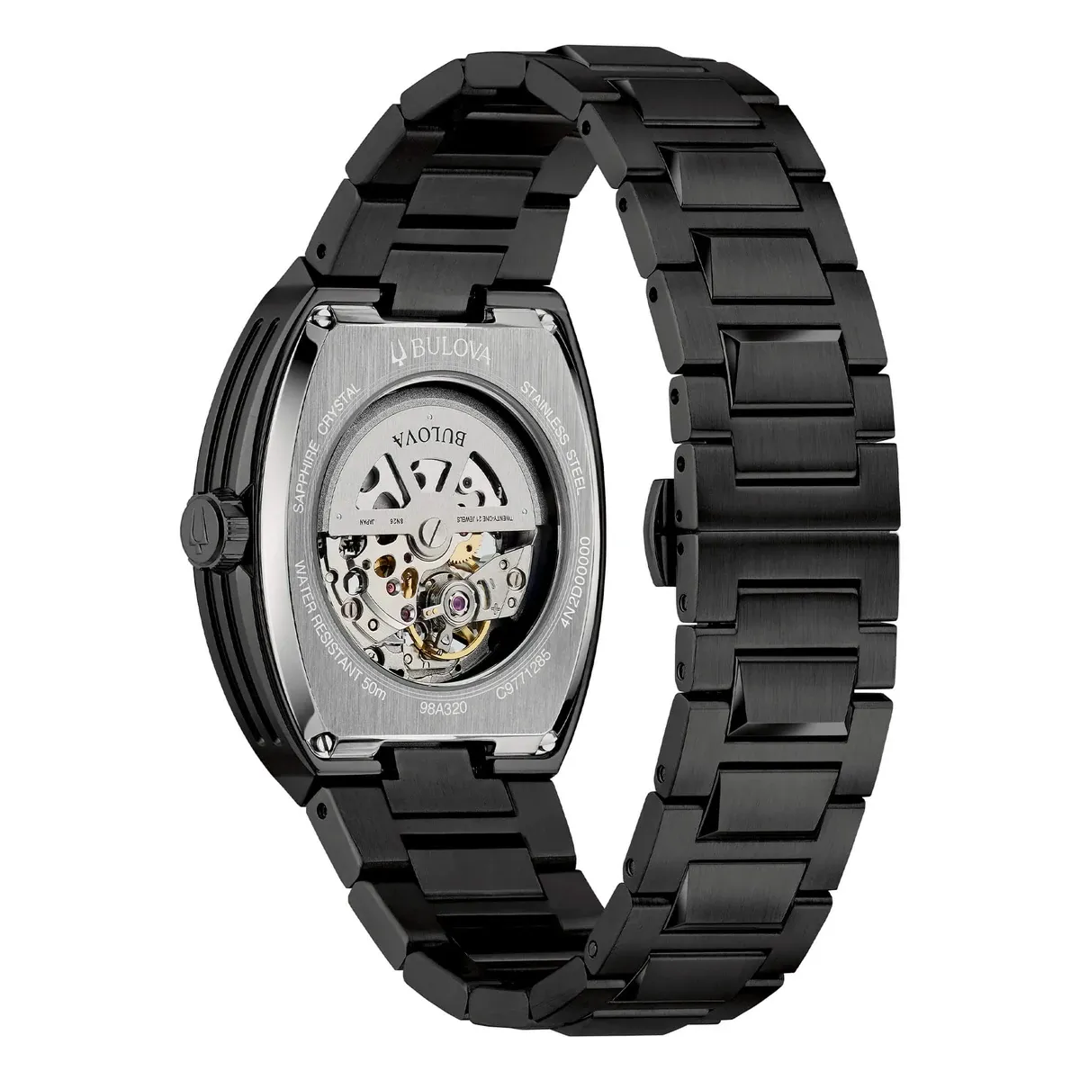Vue arrière de la montre sur fond blanc, mettant en valeur le fond transparent et le mouvement mécanique