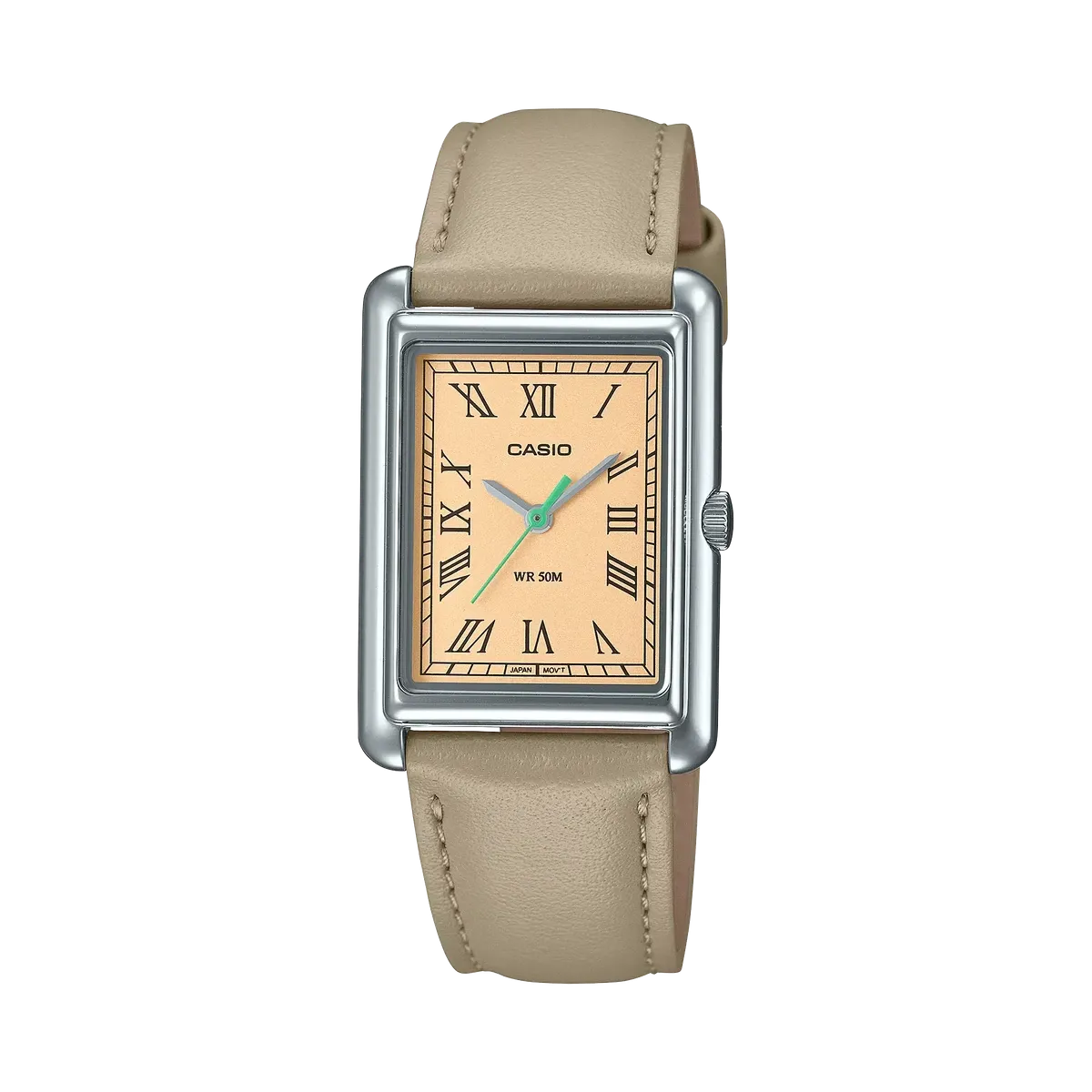 Vista frontal de reloj de caja cuadrada con correa de piel beige y esfera champagne, fondo blanco.