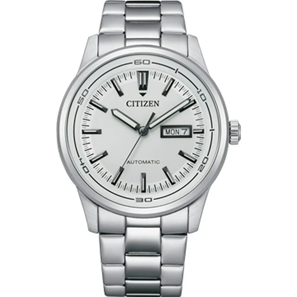 Vista frontal del reloj con esfera beige y brazalete de acero, centrado sobre fondo blanco
