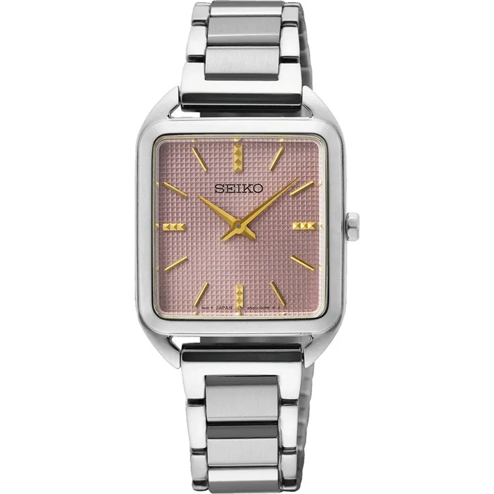 Vista frontal del reloj rectangular con esfera rosa y brazalete de acero plateado sobre fondo blanco