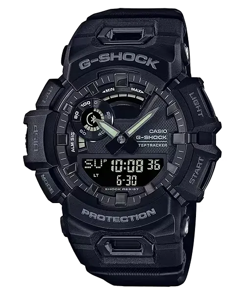 Vista frontal completa del reloj G-Shock negro sobre fondo blanco.