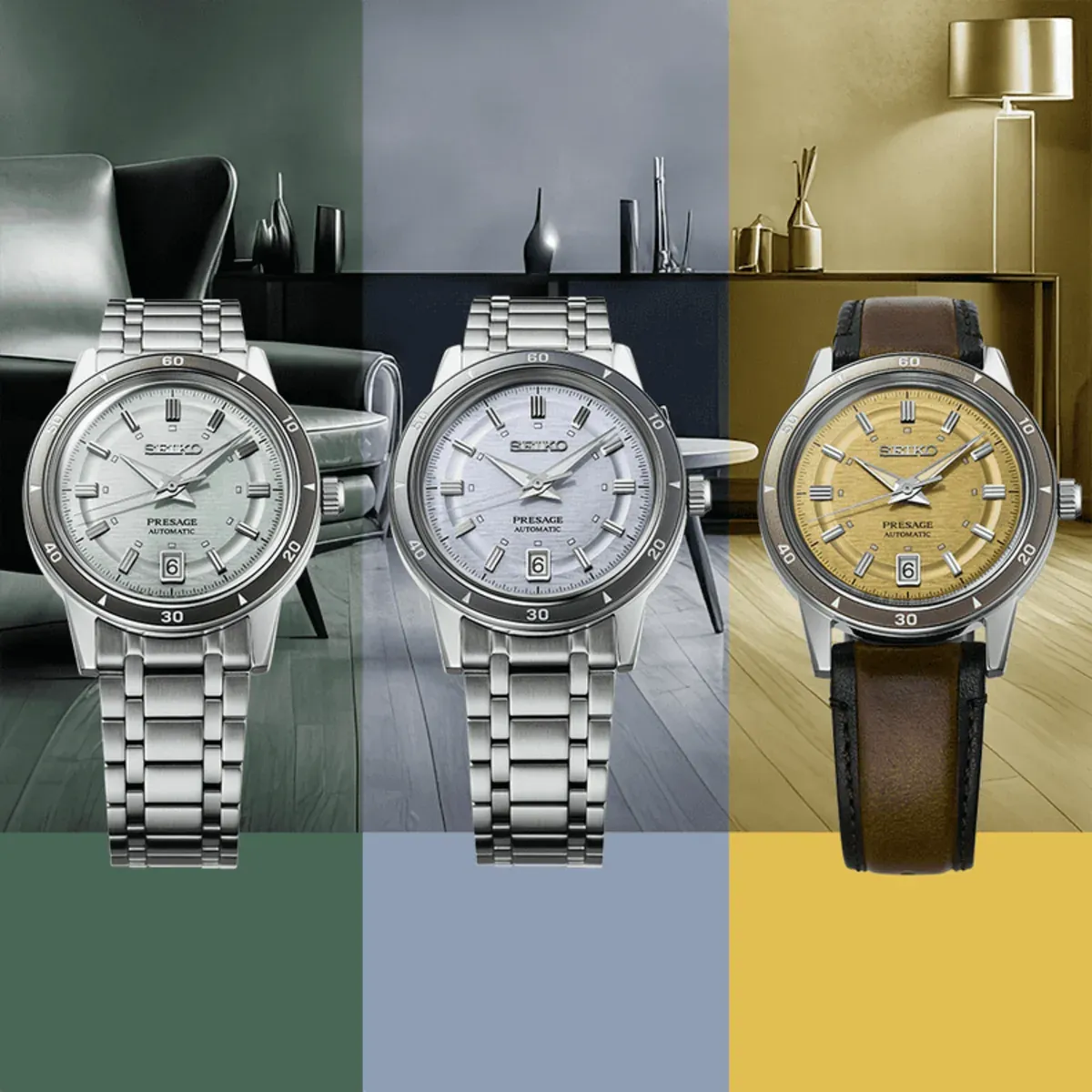 Front composition of three watch variants on a background divided into three vertical colored stripes.