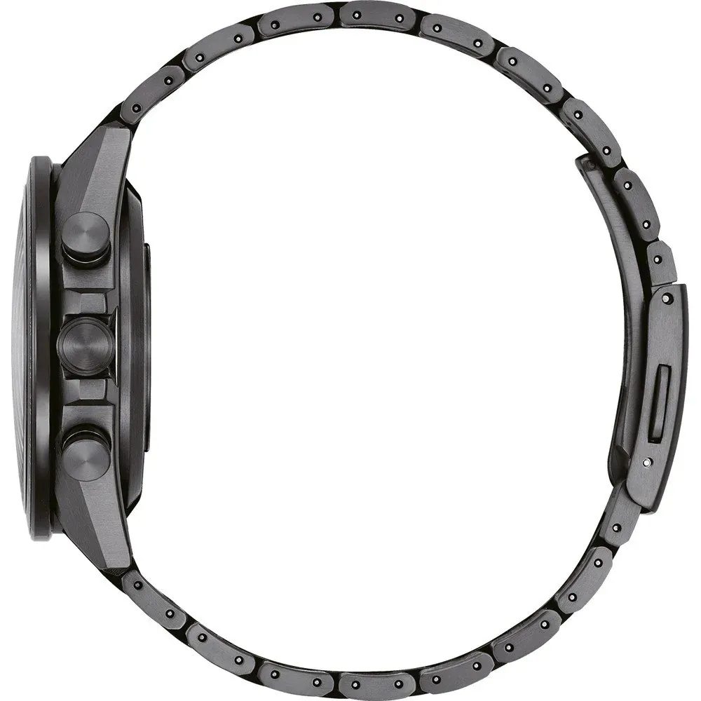 Vista de perfil del reloj sobre fondo blanco, mostrando la caja, corona, pulsadores y la pulsera circular.