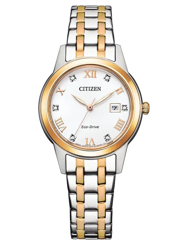 Vista frontal completa de reloj bicolor acero y oro con esfera blanca, fondo blanco.