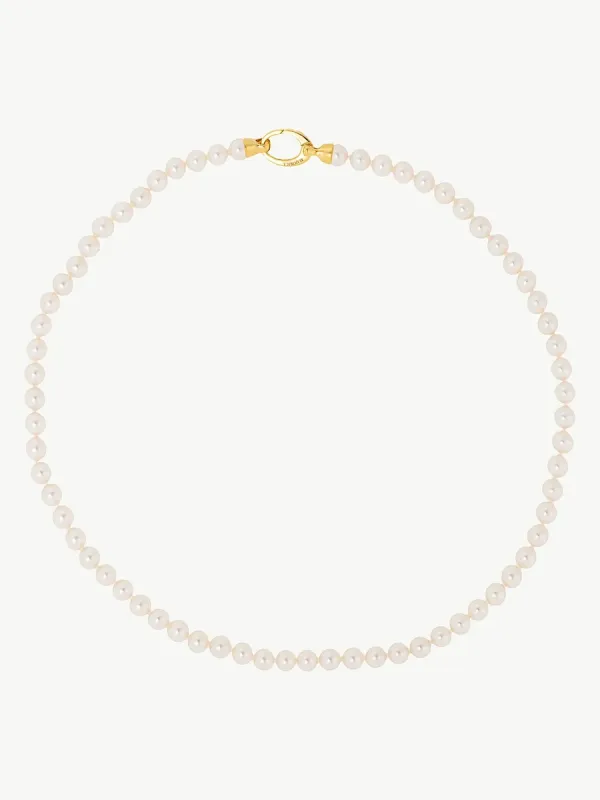 Collar de perlas dispuesto en círculo sobre fondo blanco, vista cenital con el cierre dorado en la parte superior.
