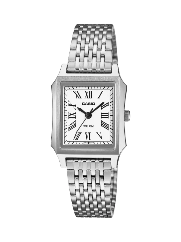 Vista frontal completa del reloj con brazalete de acero sobre fondo blanco.