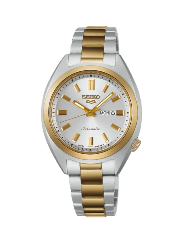 Vista frontal completa del reloj sobre fondo blanco, encuadre centrado con brazalete bicolor.