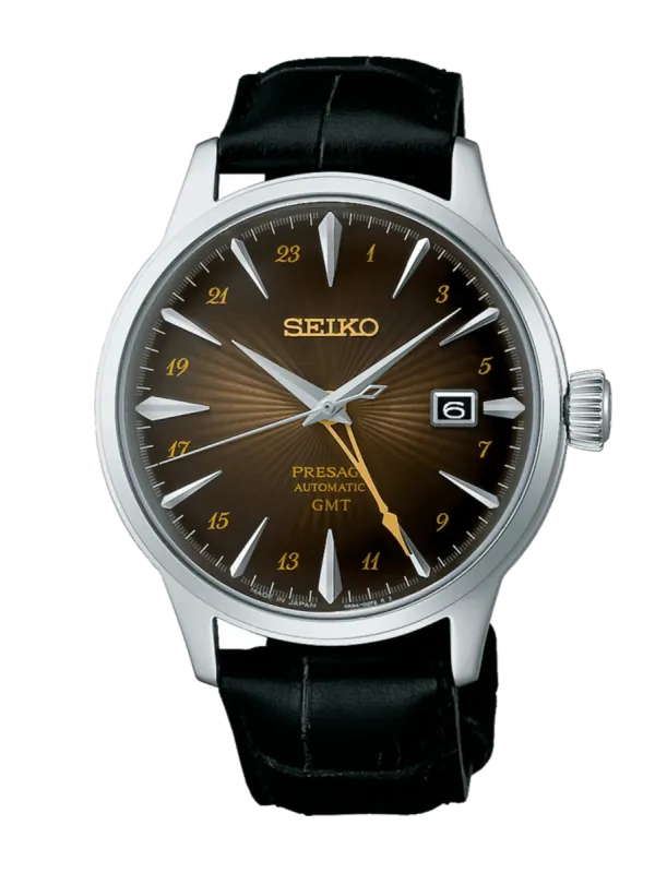 Vue de face complète de la montre, centrée sur fond blanc, avec un bracelet en cuir noir.