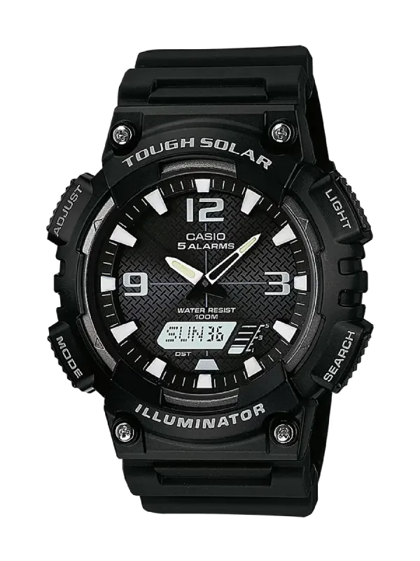 Vista frontal completa de reloj deportivo negro sobre fondo negro.