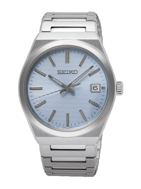 Vue de face complète de la montre avec bracelet en acier et cadran bleu sur fond blanc