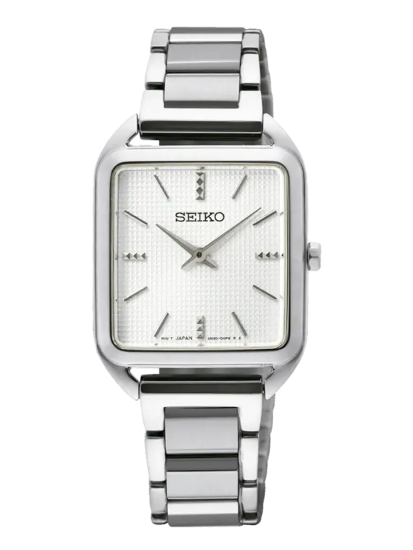 Vista frontal de reloj de caja cuadrada y brazalete de acero, centrado sobre fondo blanco.