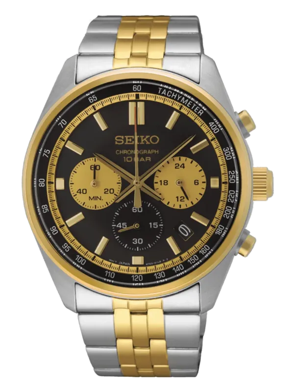 Vista frontal de reloj bicolor con esfera negra y brazalete de acero, centrado sobre fondo blanco.