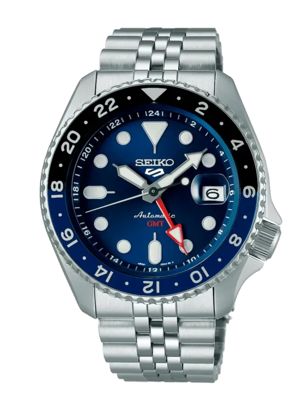 Vista frontal completa del reloj con esfera azul y brazalete de acero sobre fondo blanco