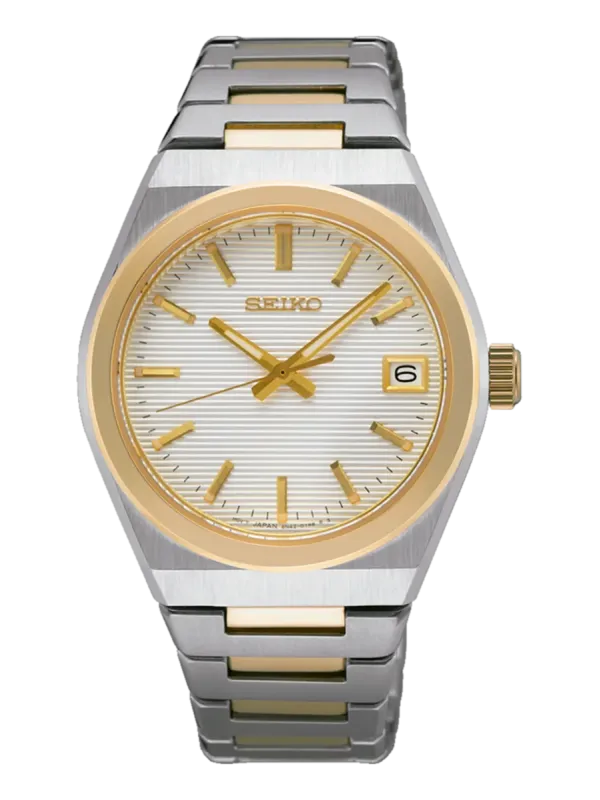 Vista frontal completa del reloj sobre fondo blanco, caja plateada con bisel dorado y brazalete bicolor.