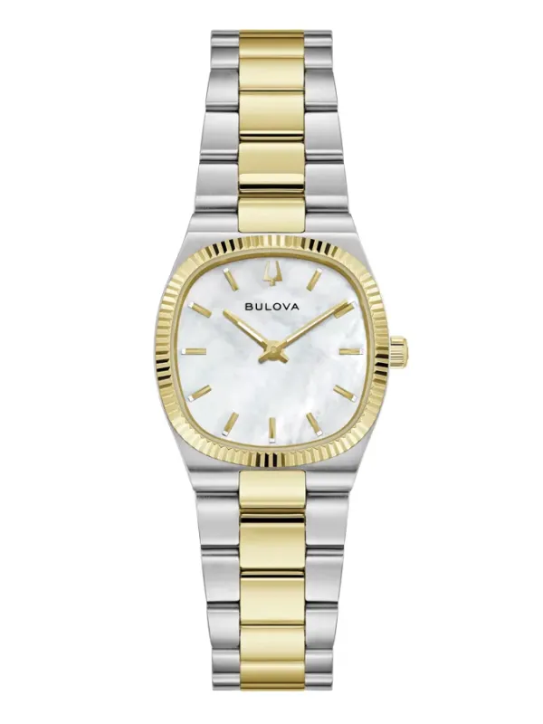 Vista frontal completa del reloj sobre fondo blanco, brazalete bicolor y esfera blanca.