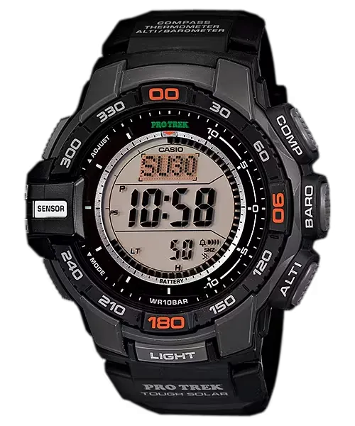 Vista frontal completa del reloj digital, centrado sobre fondo blanco.