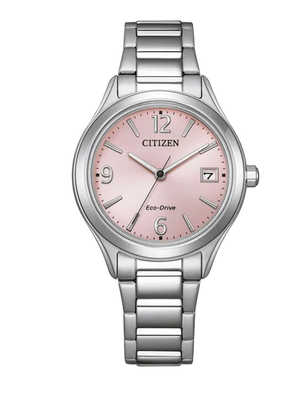 Vue de face d'une montre en acier avec cadran rose sur fond blanc.