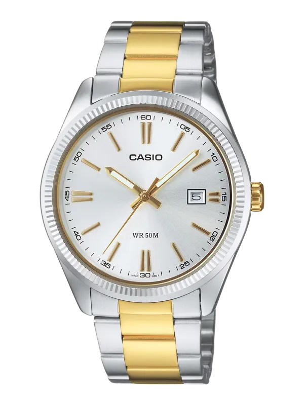 Reloj de pulsera bicolor plata y oro visto frontalmente sobre fondo blanco.